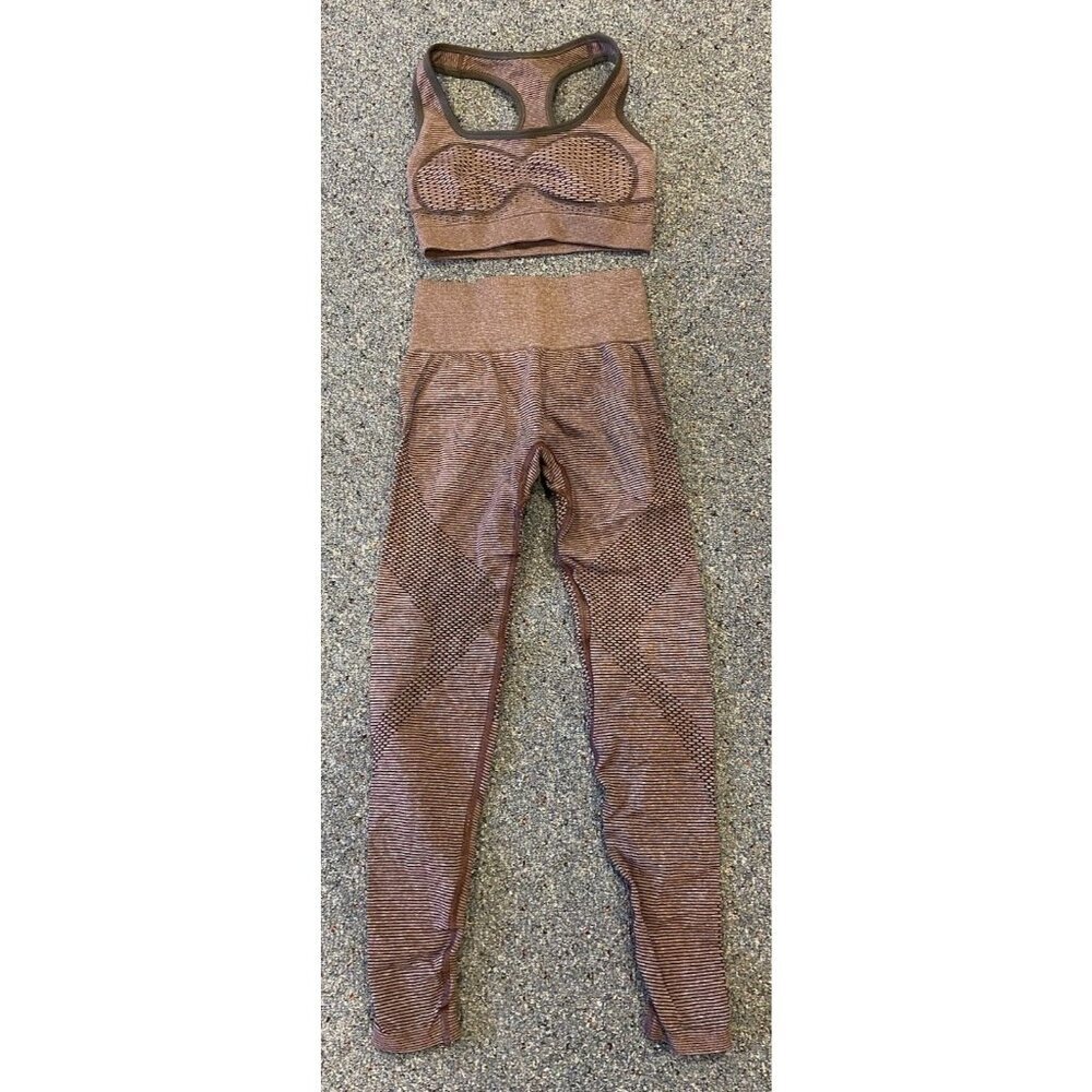 Gymshark Seamless Workout Athletic Set Racerback Bra Leggings Brown Stripe S XS